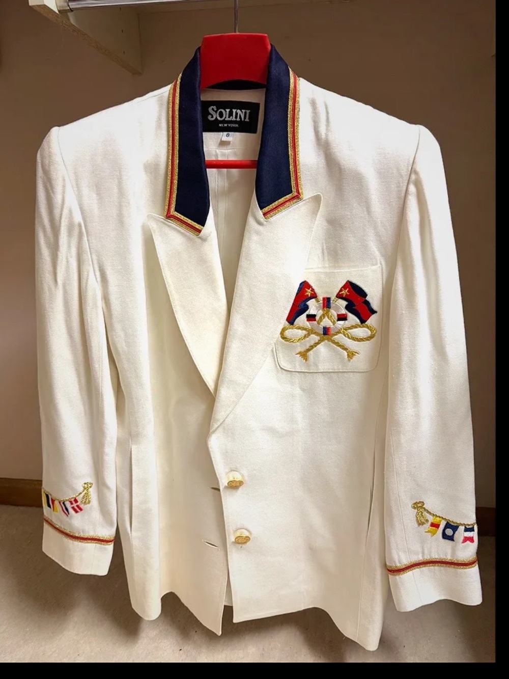 Vintage solini White Double-Breasted Nautical Embroidered Blazer with Navy Trim